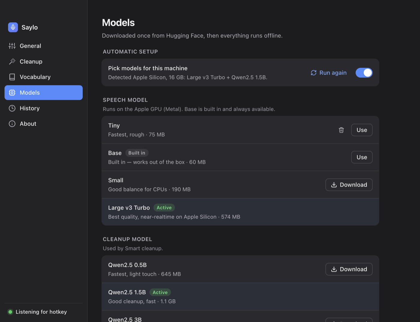 Saylo's Models page, showing automatic hardware detection and the speech and cleanup model lists.